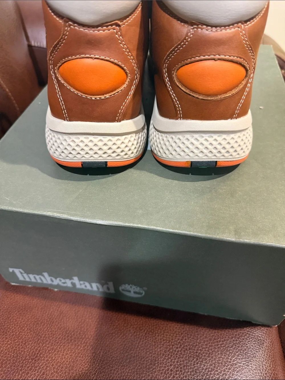 Timberland Men's Chestnut Leather Hiking Boots with Black & Orange Laces